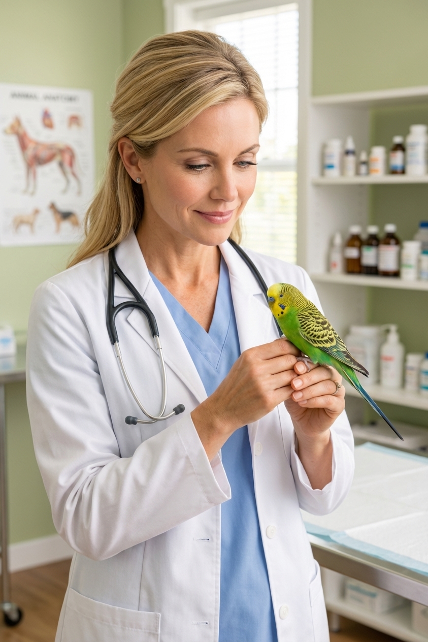 A budgerigar gently held in a veterinarian’s hands during a wellness exam in a bright clinic room, photorealistic