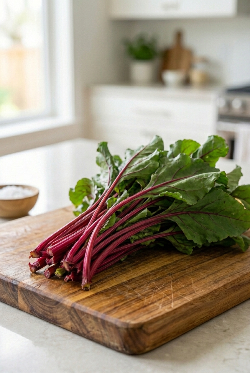 A bunch of beet greens with red stems on a cutting board