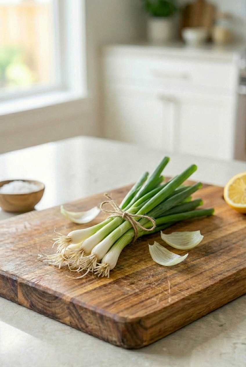 A bunch of green onions on a cutting board