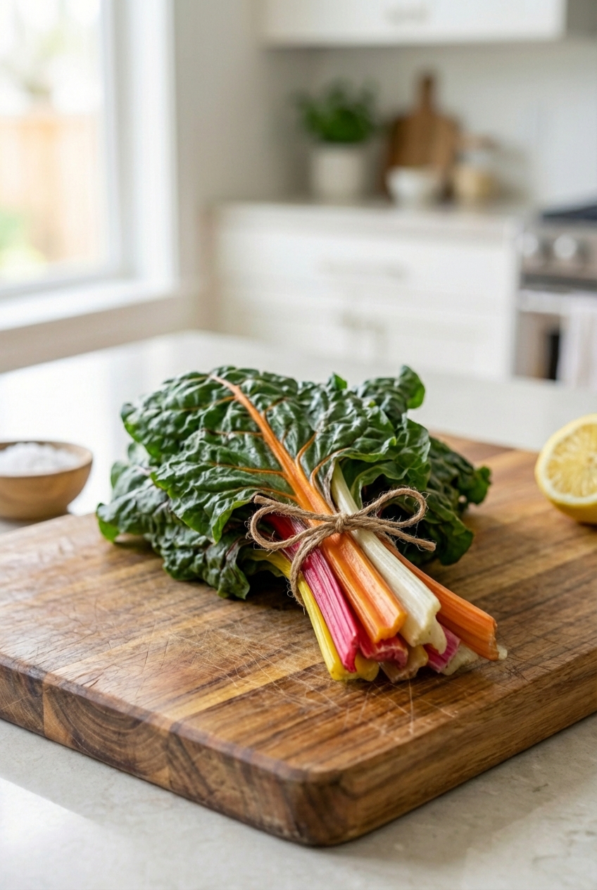 A bunch of rainbow Swiss chard with colorful stems