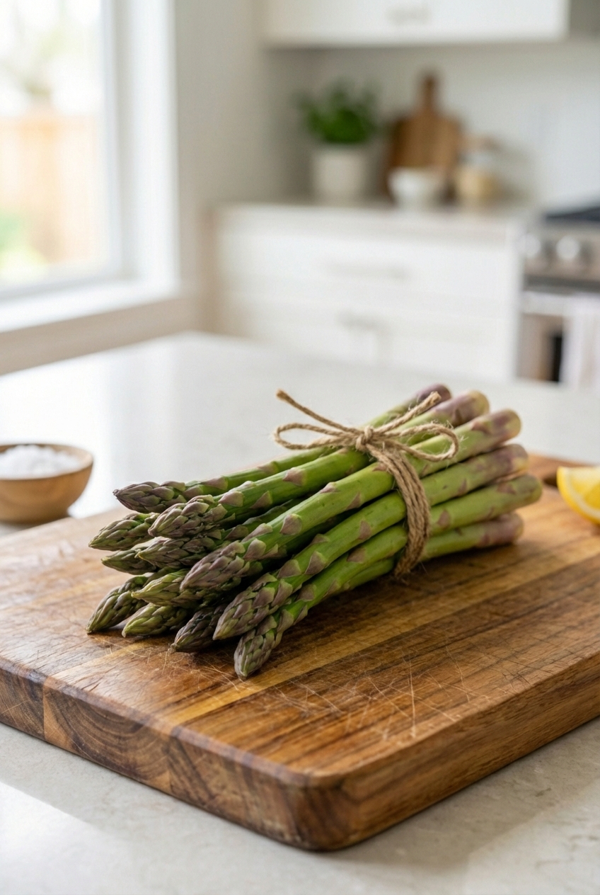 A bundle of fresh asparagus spears tied with twine