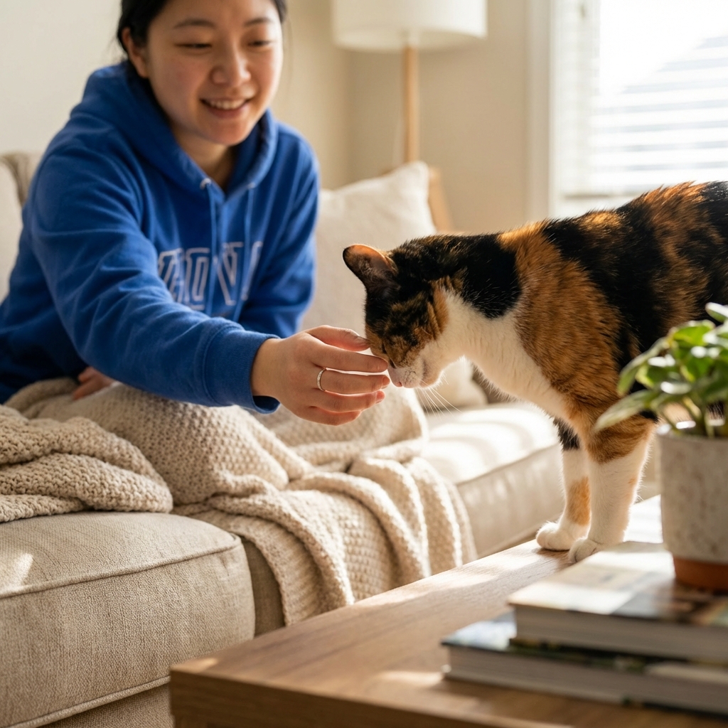 A calico cat gently head-butting a person’s hand in a living room