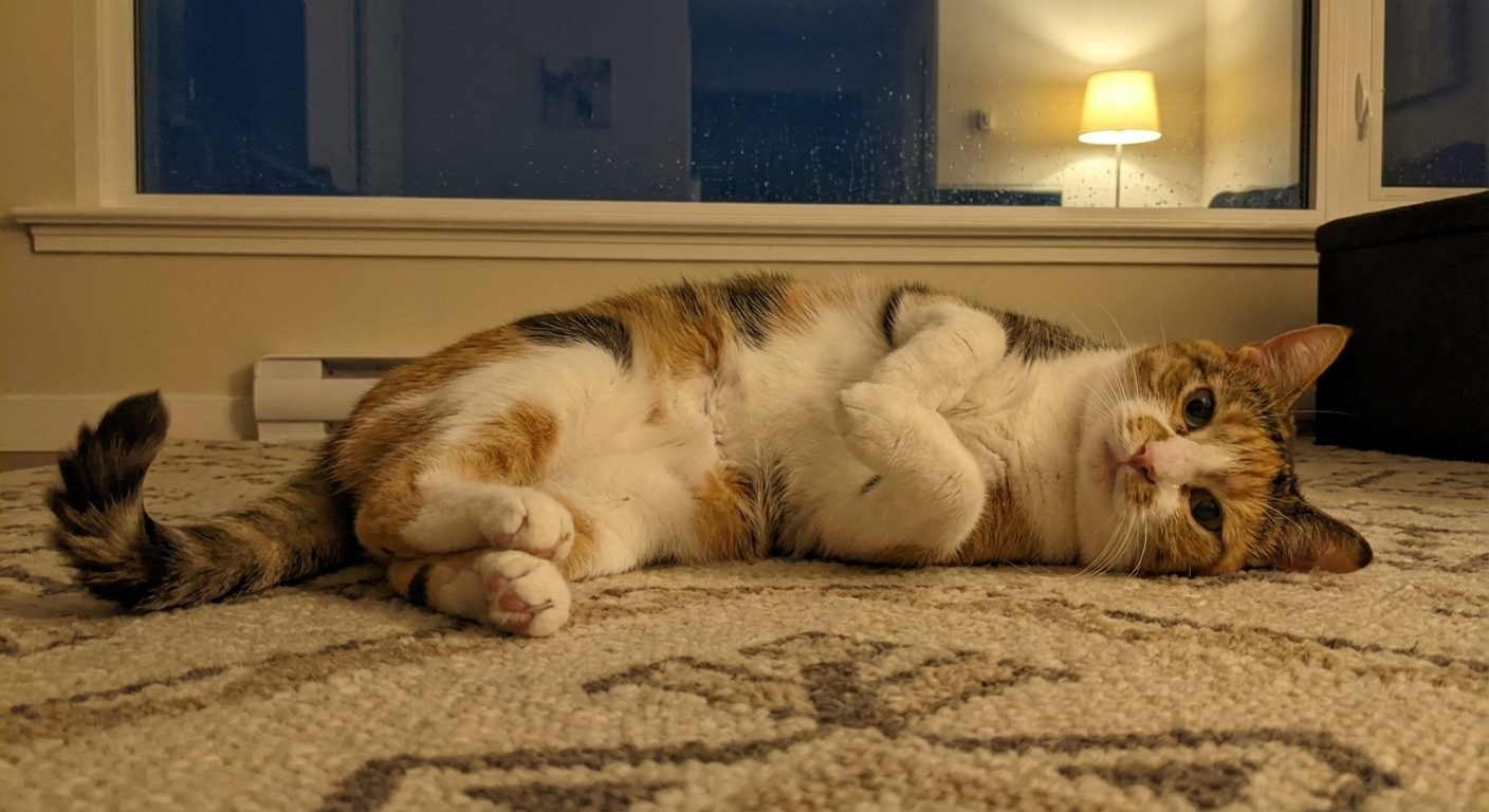 A calico cat rolling on a living room rug with her tail to the side