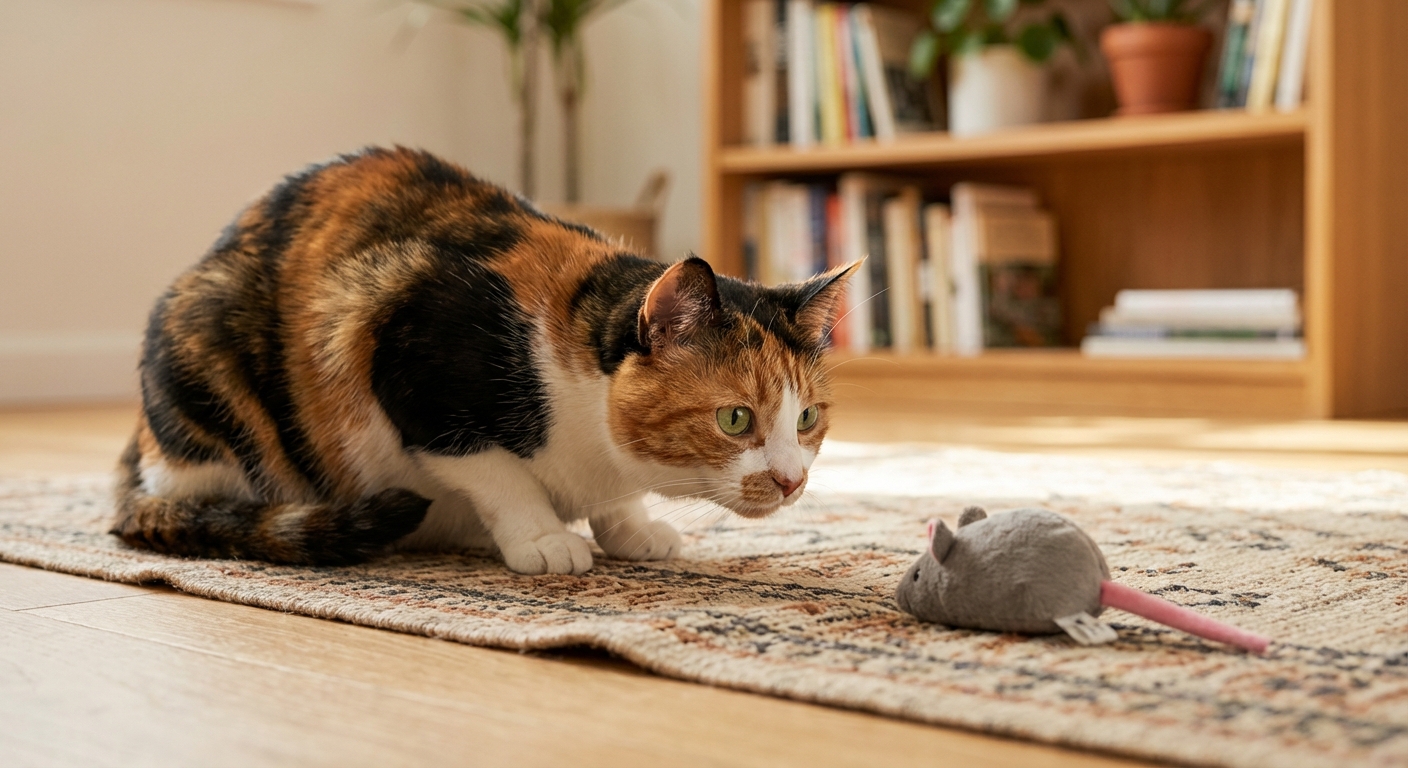 A calico cat watching a small plush mouse toy on a rug