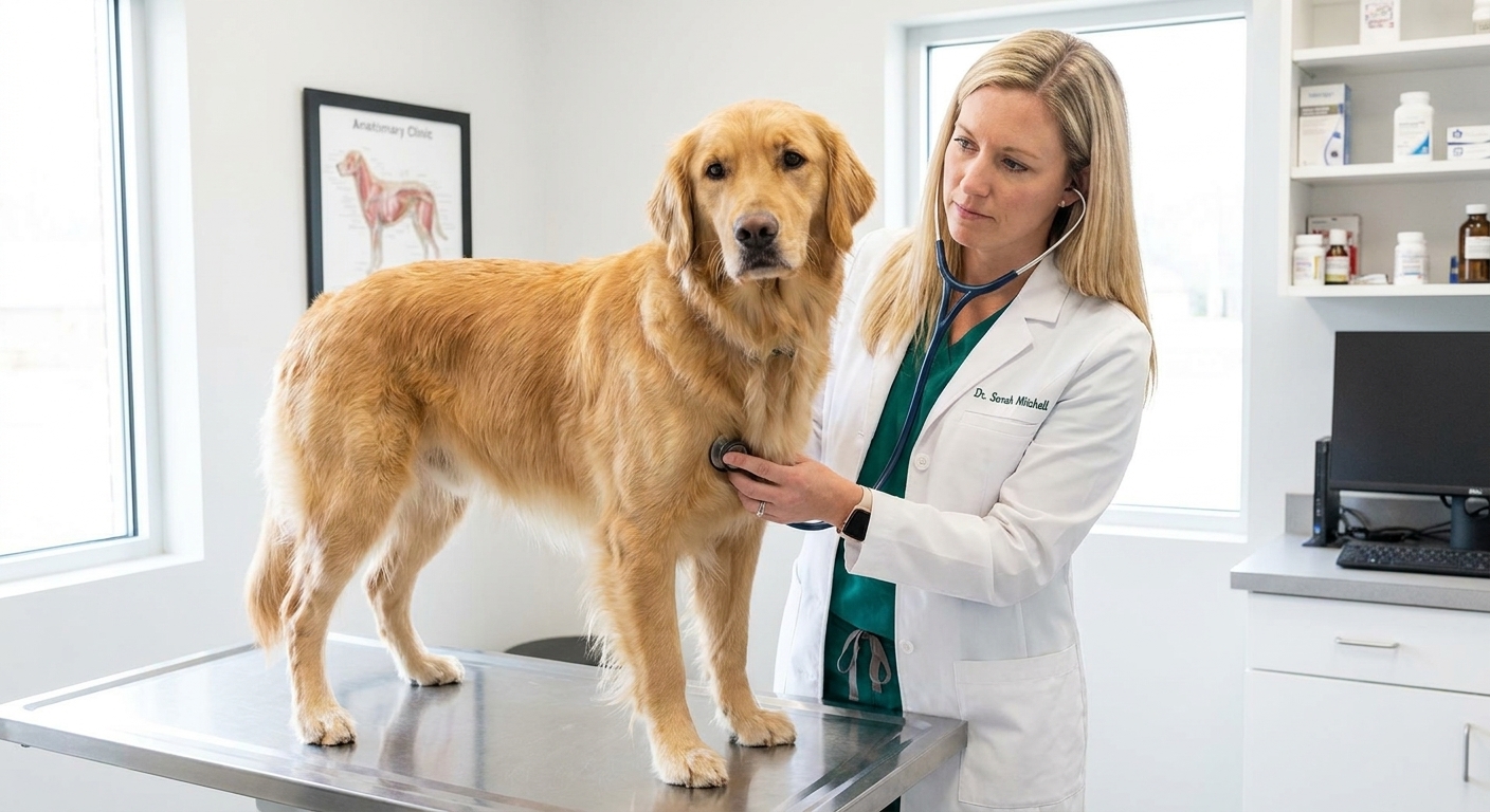A calm Golden Retriever standing on an exam table while a veterinarian gently listens with a stethoscope in a bright clinic room, realistic photo