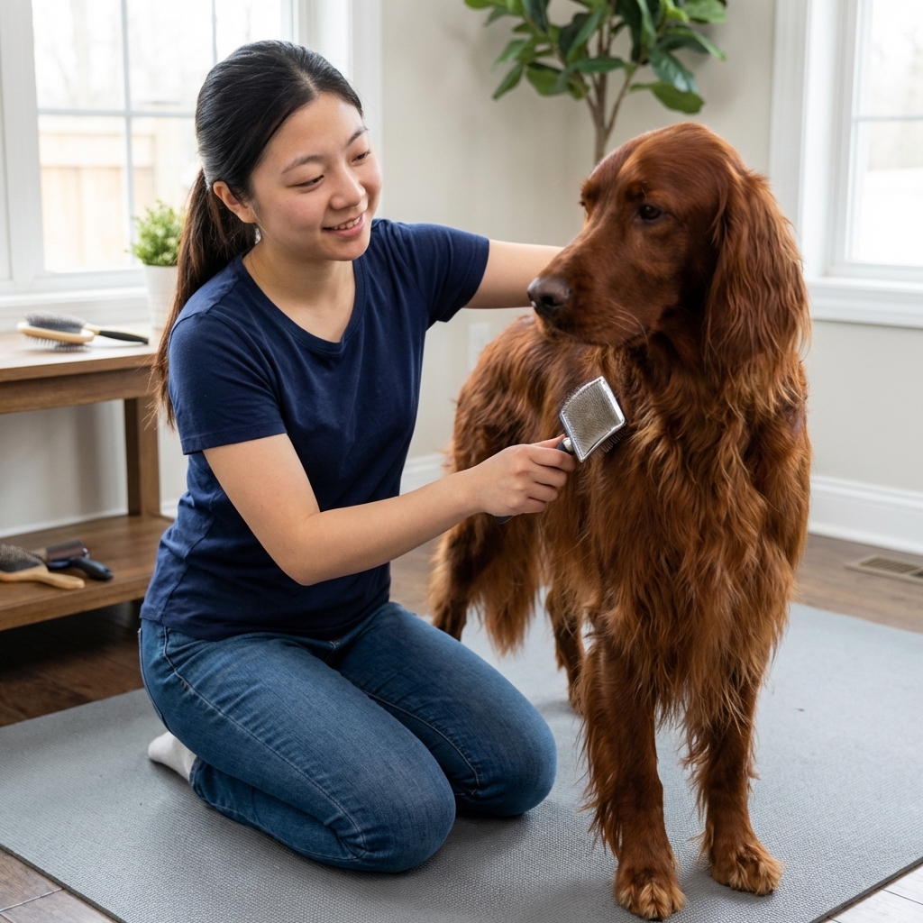 A calm Irish Setter standing on a grooming mat while a person gently brushes the feathered coat indoors, realistic photography