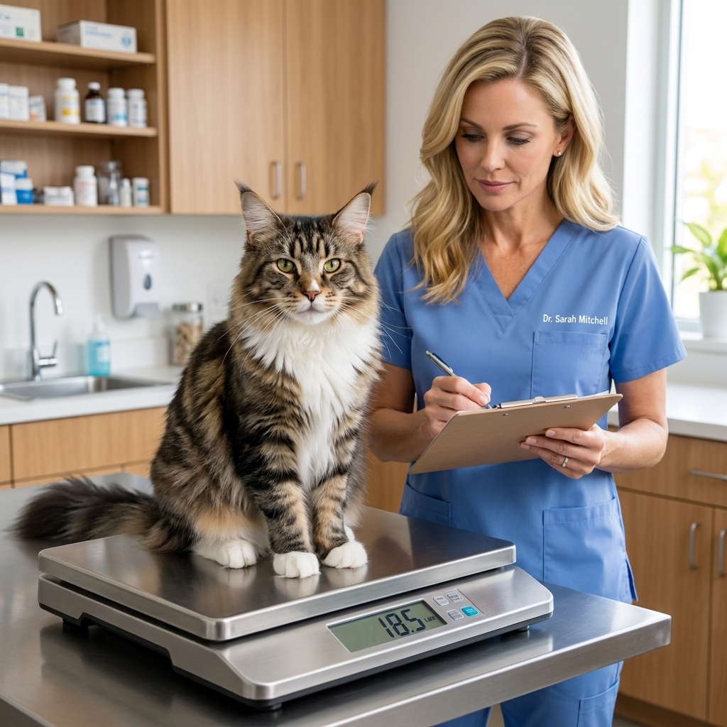 A calm Maine Coon cat sitting on a veterinary clinic scale while a technician records the weight, realistic photography