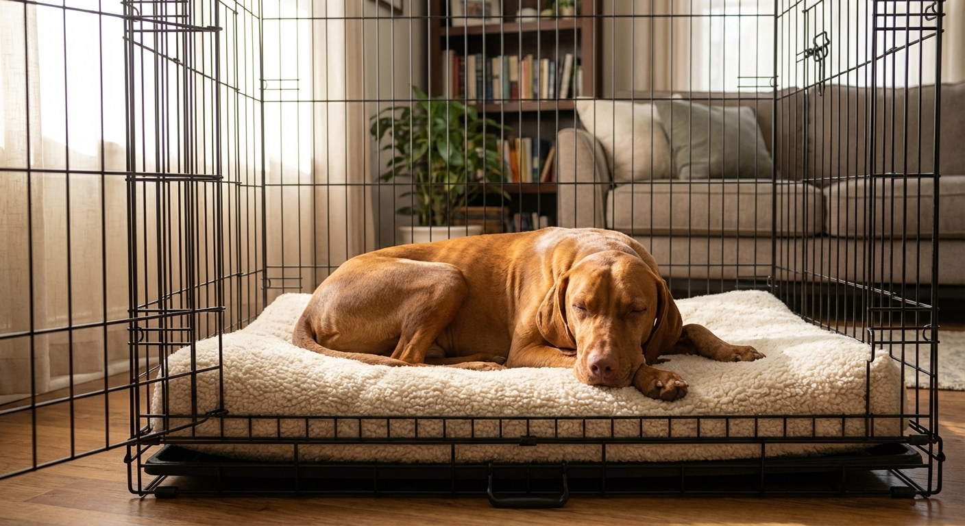 A calm Vizsla resting on a soft bed inside an open crate in a quiet living room with gentle daylight