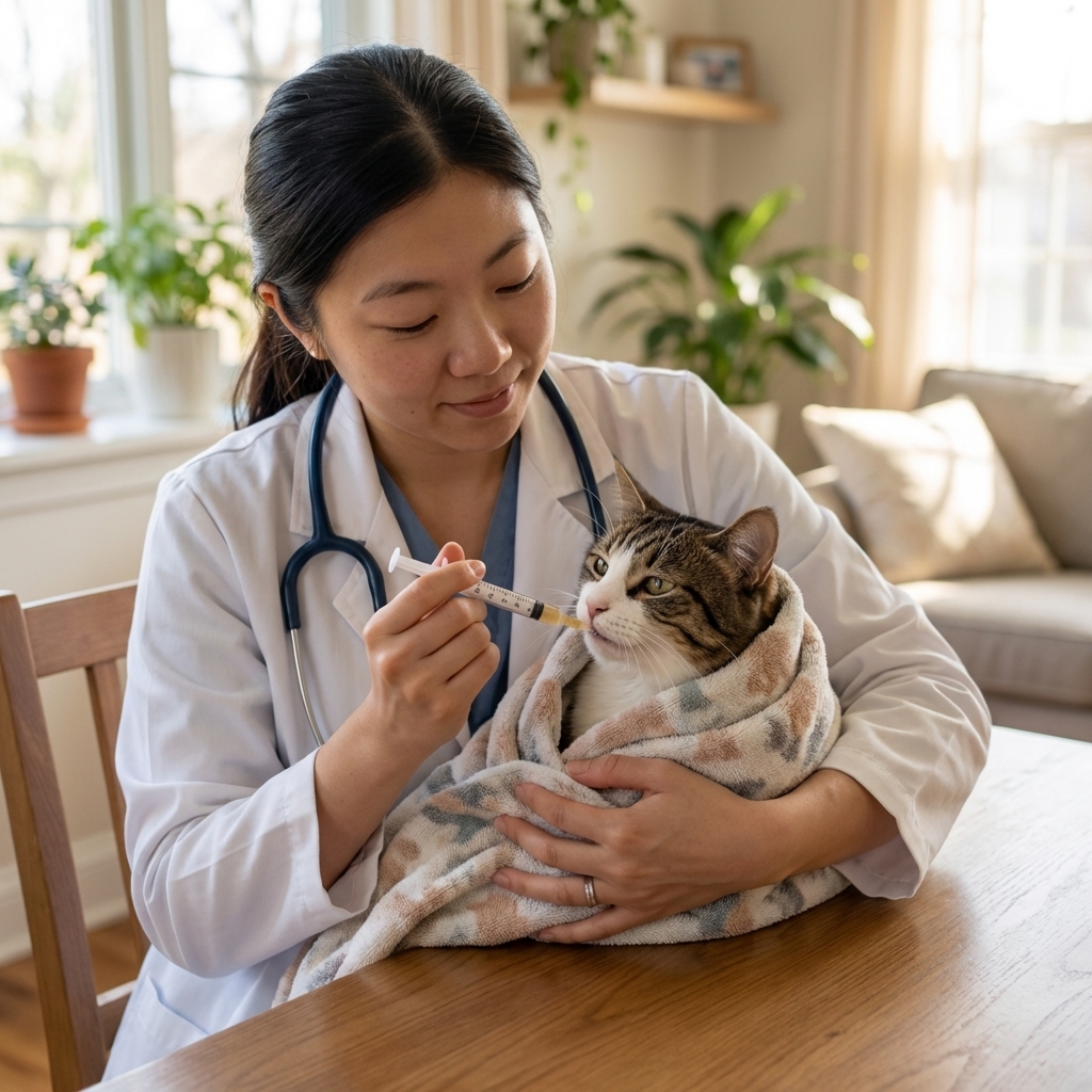 A calm adult cat gently wrapped in a towel while an owner gives liquid medicine with an oral syringe at the corner of the mouth, natural indoor lighting