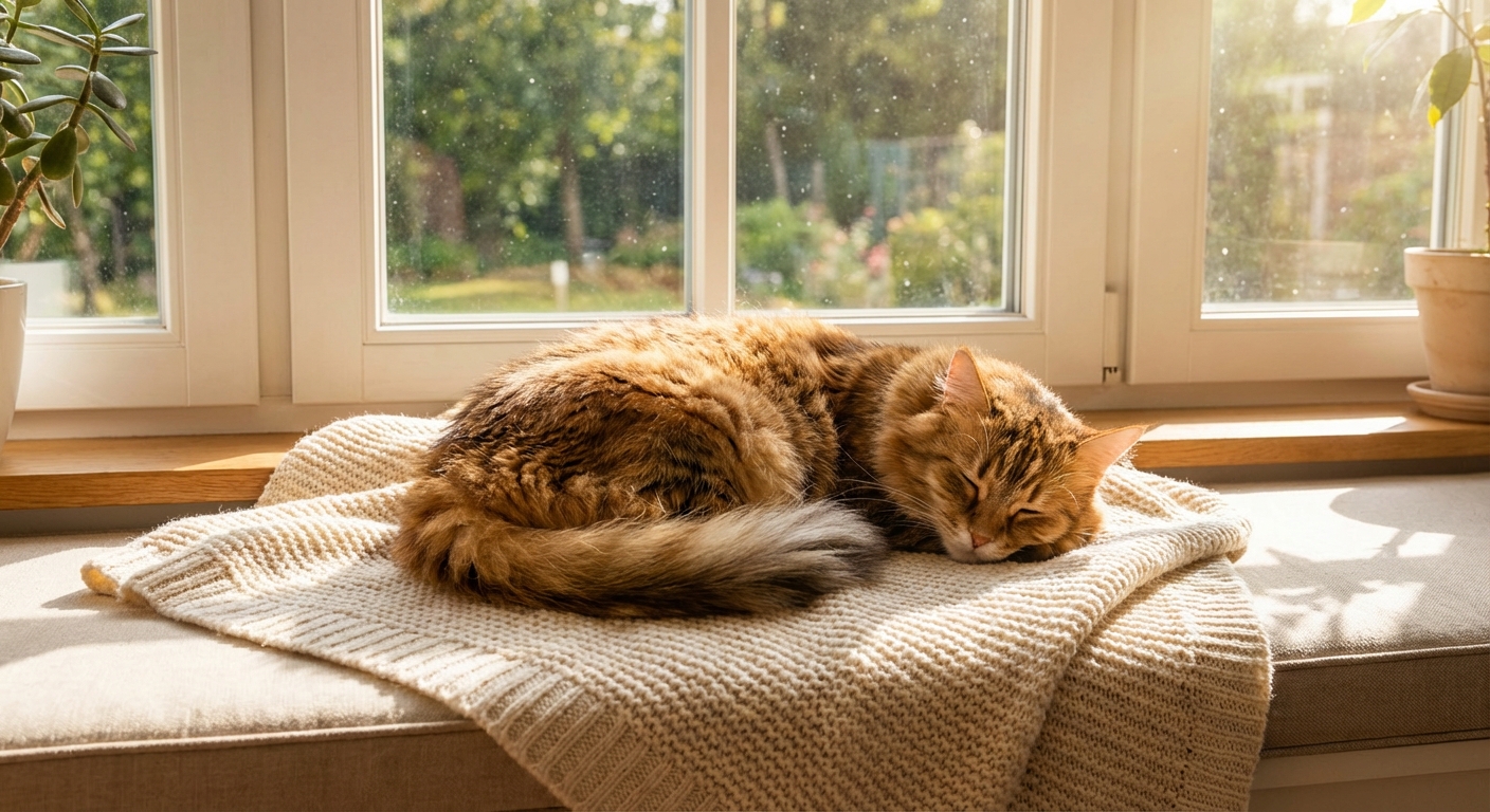 A calm adult cat resting on a soft blanket near a sunny window