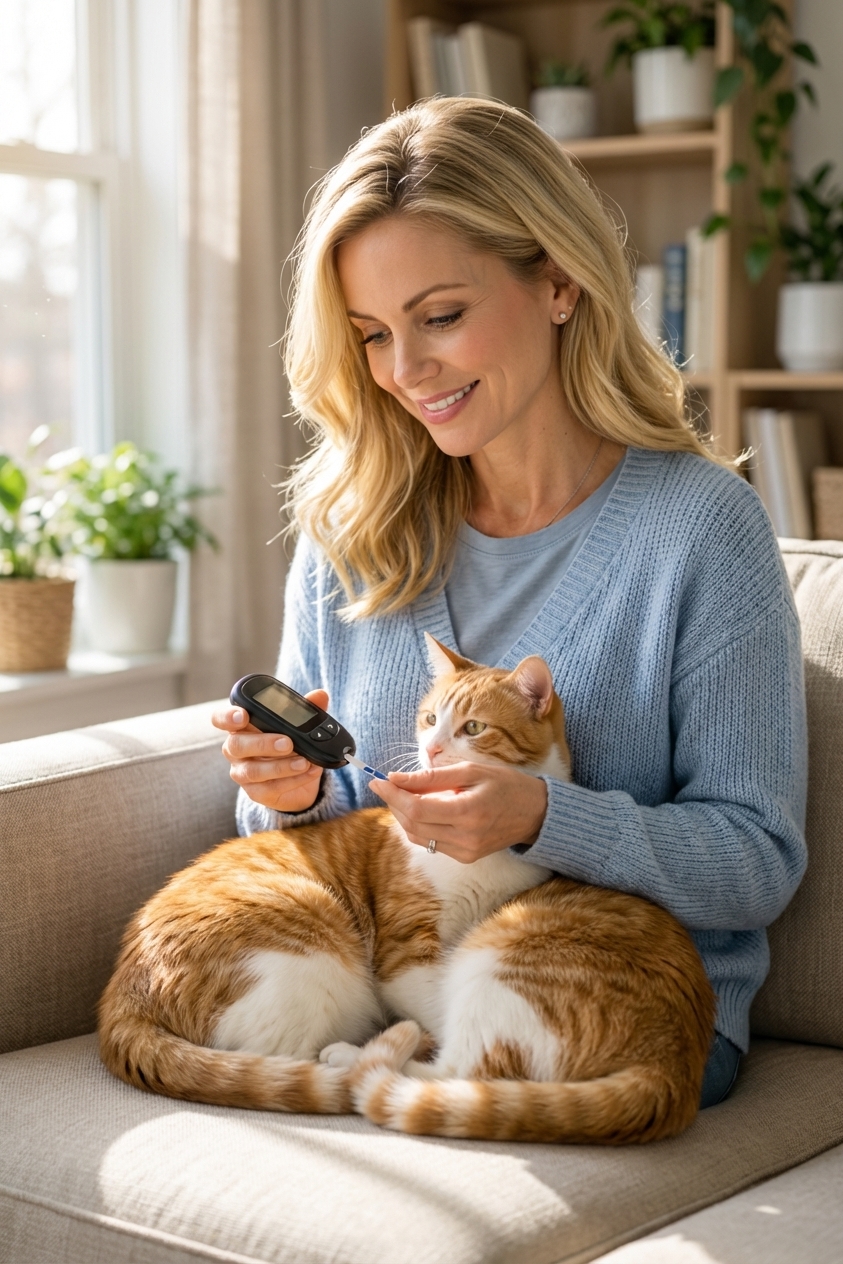 A calm adult cat sitting on a couch while an owner gently prepares a small handheld glucometer nearby, natural window light, real-life home setting