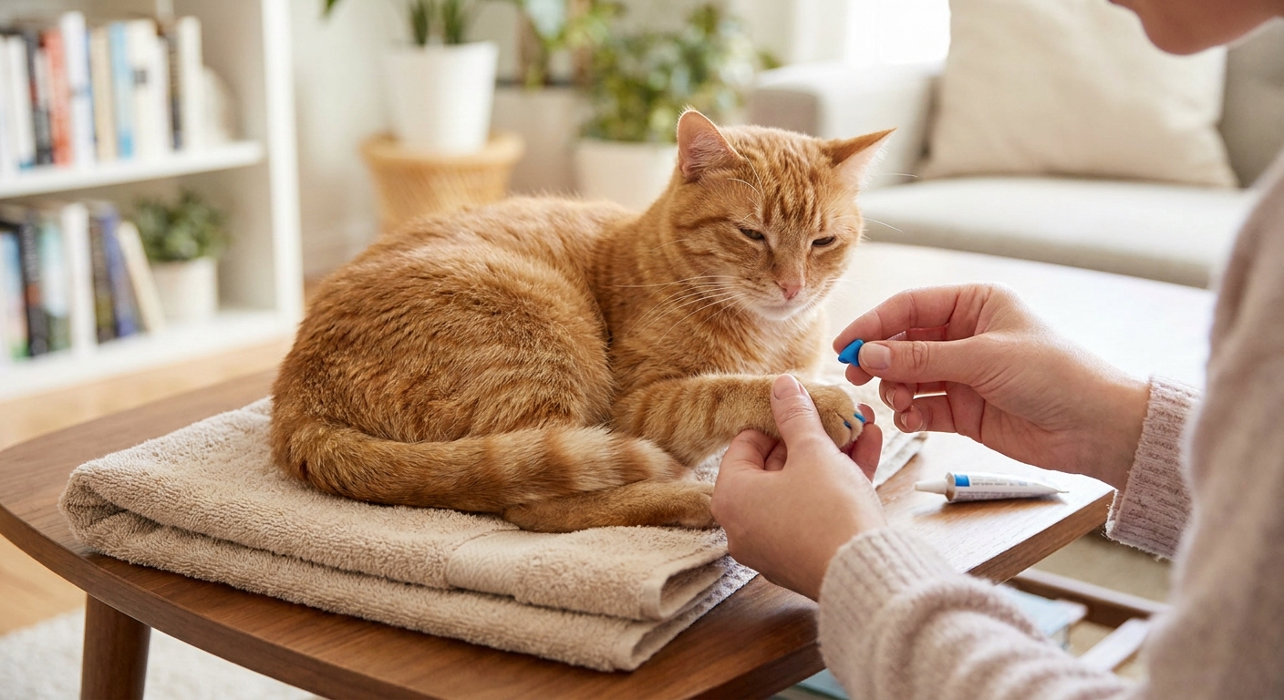 A calm adult cat sitting on a towel while a person gently holds one paw, preparing to apply a soft nail cap in a quiet home setting