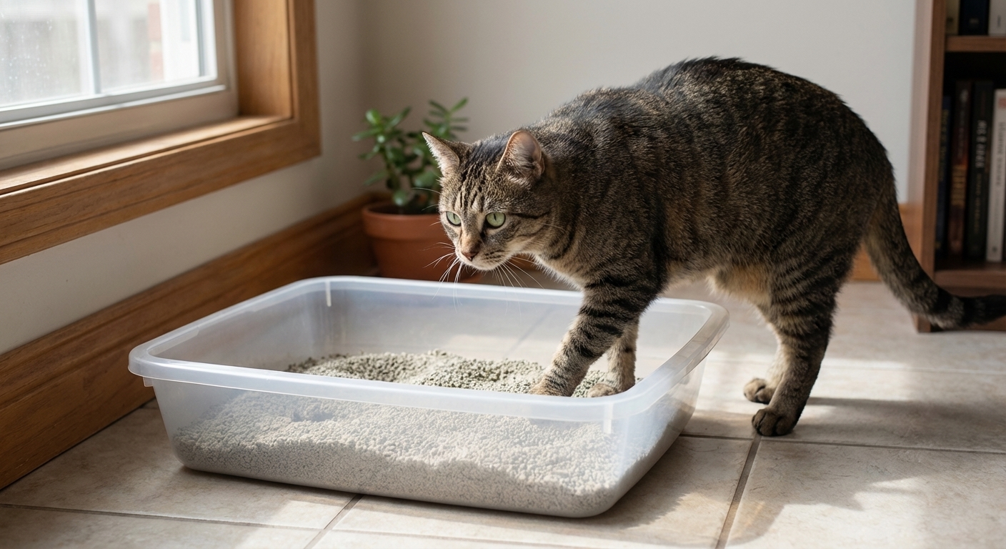 A calm adult cat stepping into a clean uncovered litter box in a quiet home corner, natural light, photorealistic