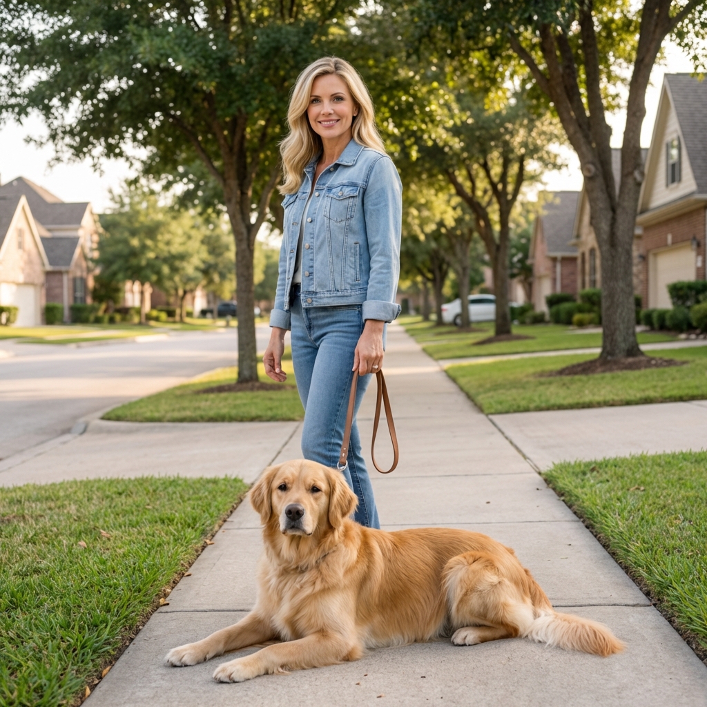 A calm adult dog lying down on a sidewalk during a quiet neighborhood walk while the handler holds the leash loosely