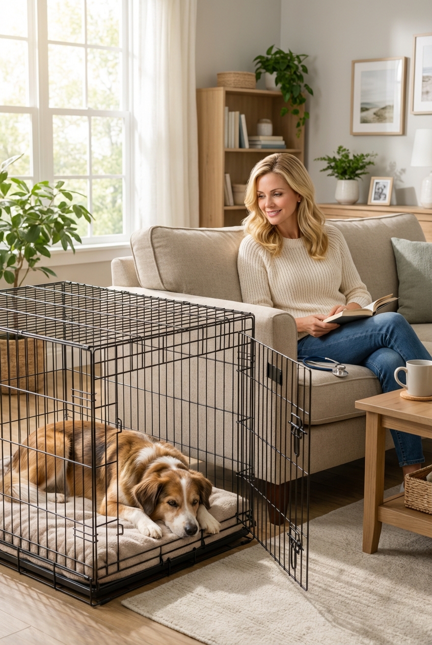 A calm adult mixed-breed dog lying in a crate while the owner sits nearby on a couch