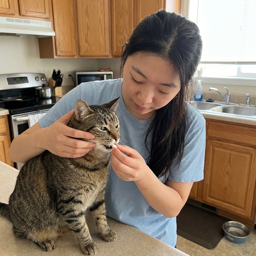 A calm adult tabby cat gently being given a small pill by an owner in a bright kitchen, realistic candid pet photography