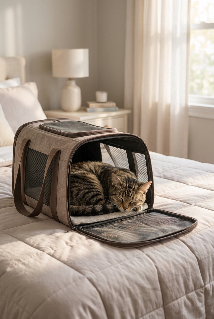 A calm cat resting in an open carrier on a bed in a quiet room