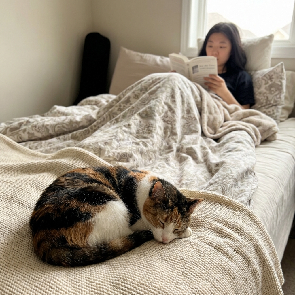 A calm cat resting on a blanket at the end of a bed while a person reads with their feet covered
