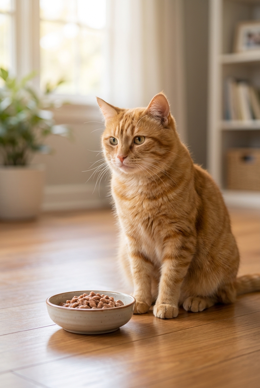 A calm cat sitting near a small bowl of wet food in a quiet room