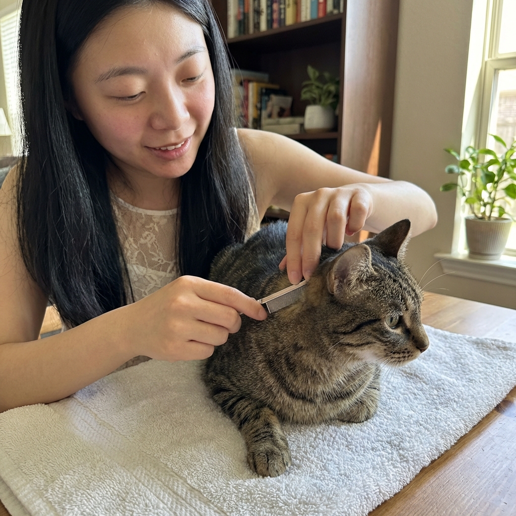 A calm cat sitting on a towel while someone parts the fur to check for fleas