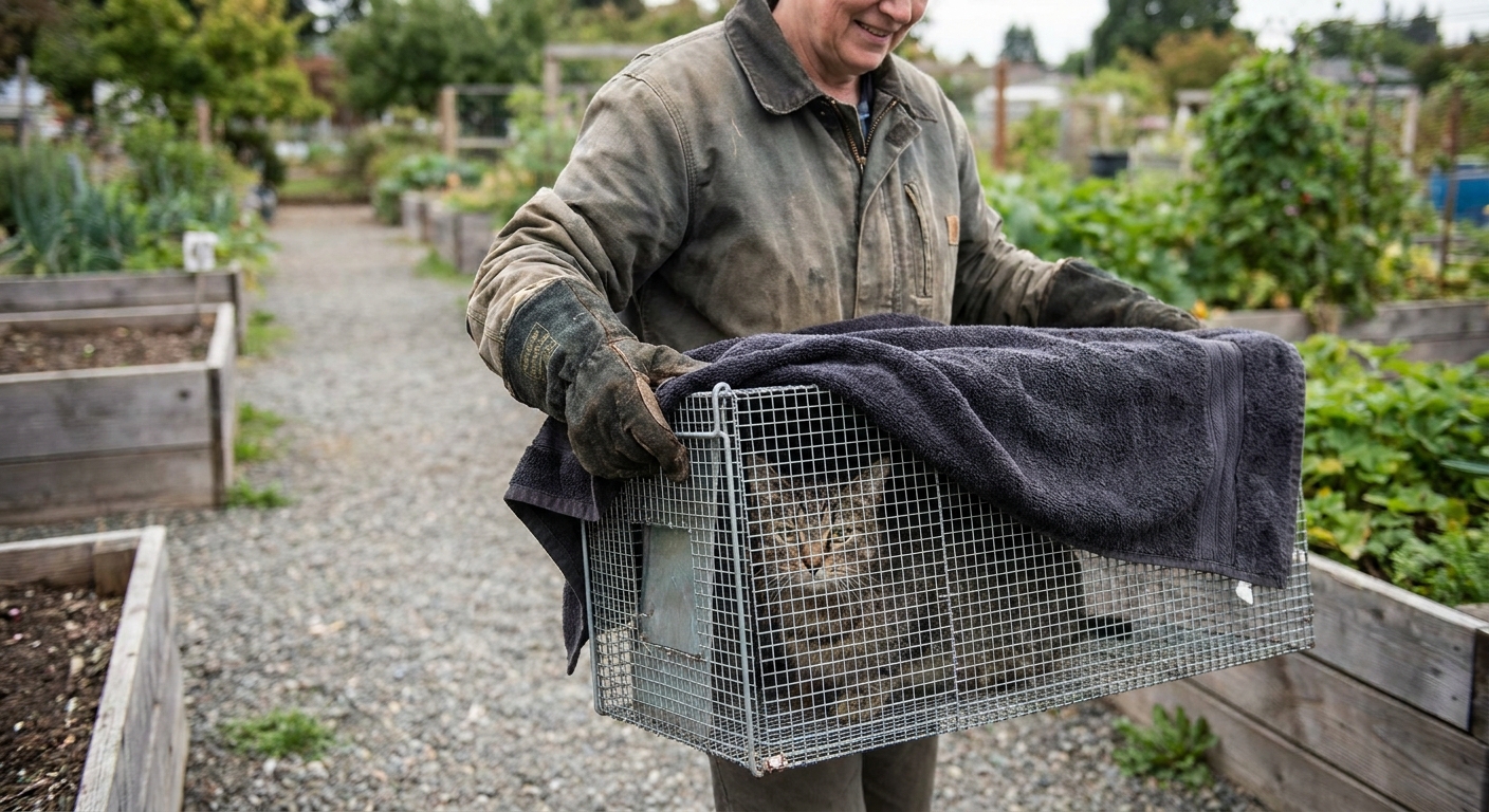 A calm community cat in a covered humane trap being carried by a volunteer wearing thick gloves outdoors