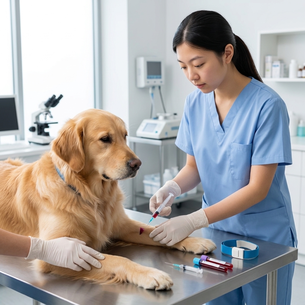 A calm dog having a small blood sample taken by a veterinary technician in a modern clinic setting, realistic photography