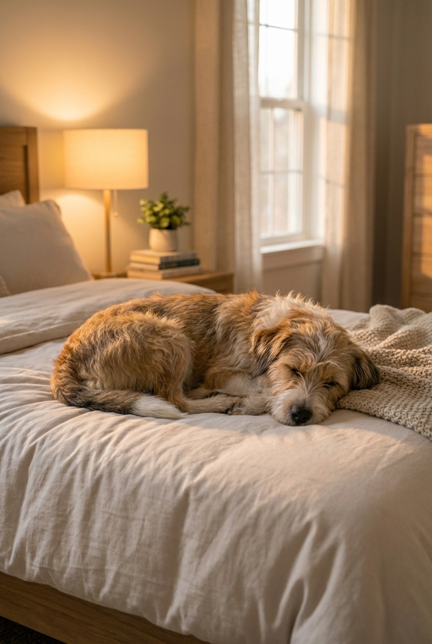 A calm dog lying on a bed in a quiet bedroom with soft evening light