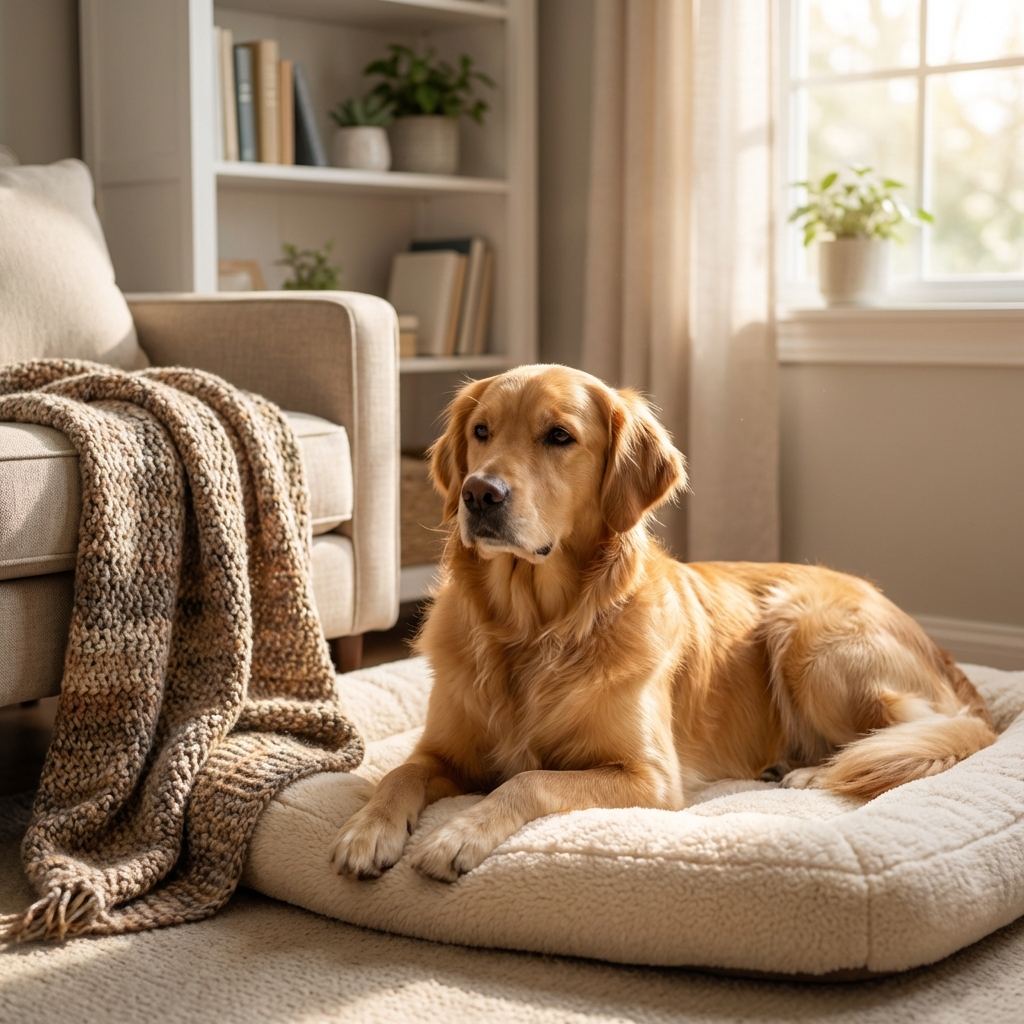 A calm dog lying on a soft bed in a quiet corner of a home with a blanket nearby