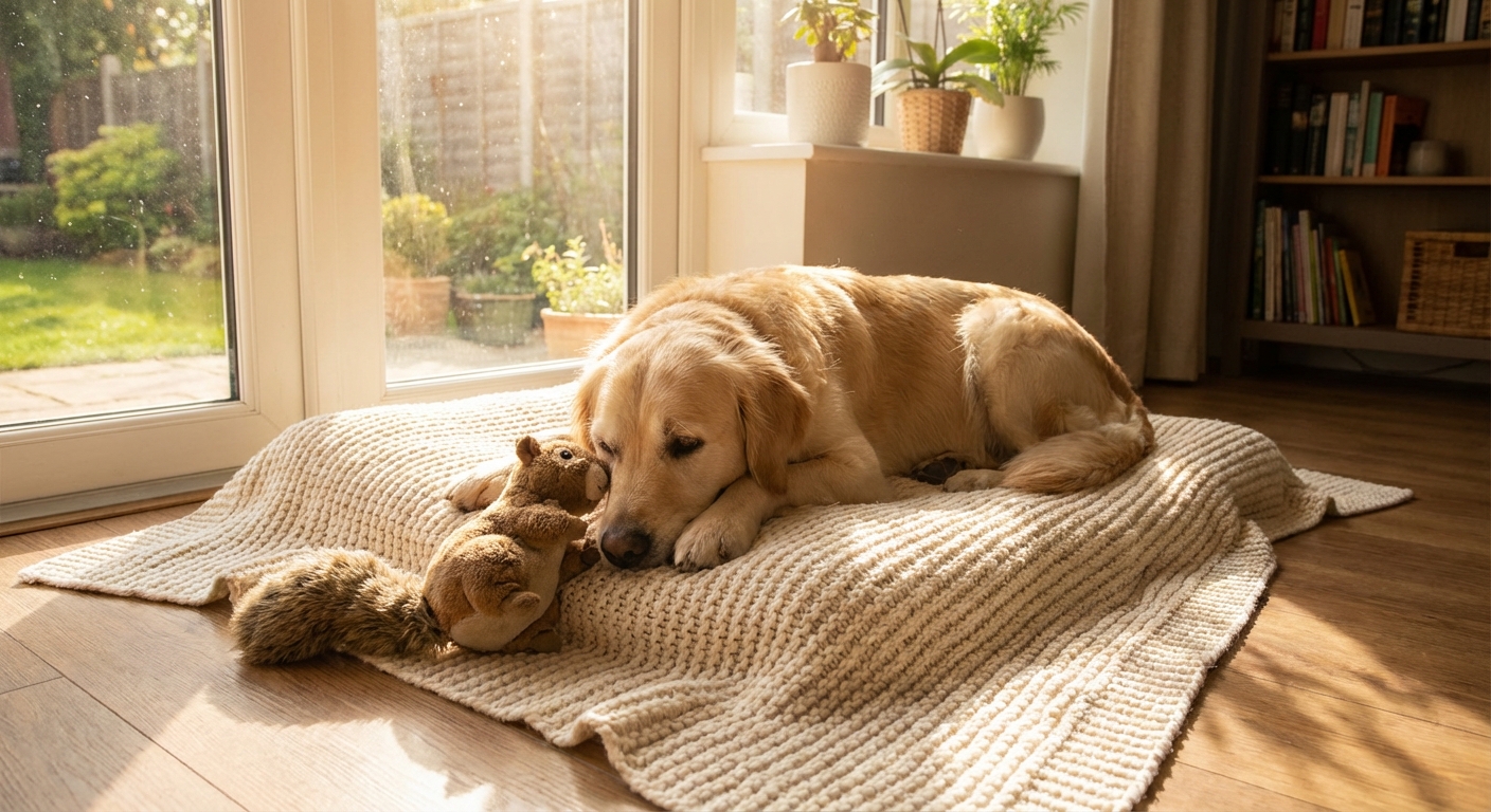 A calm dog lying on a soft blanket at home near a sunny window with a favorite toy beside them
