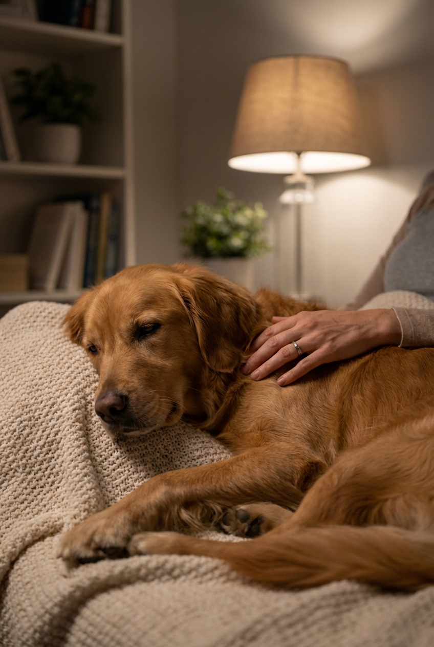 A calm dog lying on a soft blanket in a dimly lit room while a hand rests gently nearby