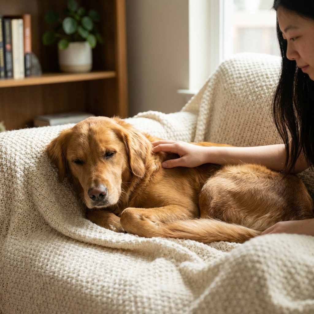 A calm dog lying on a soft blanket with a gentle hand resting on their shoulder