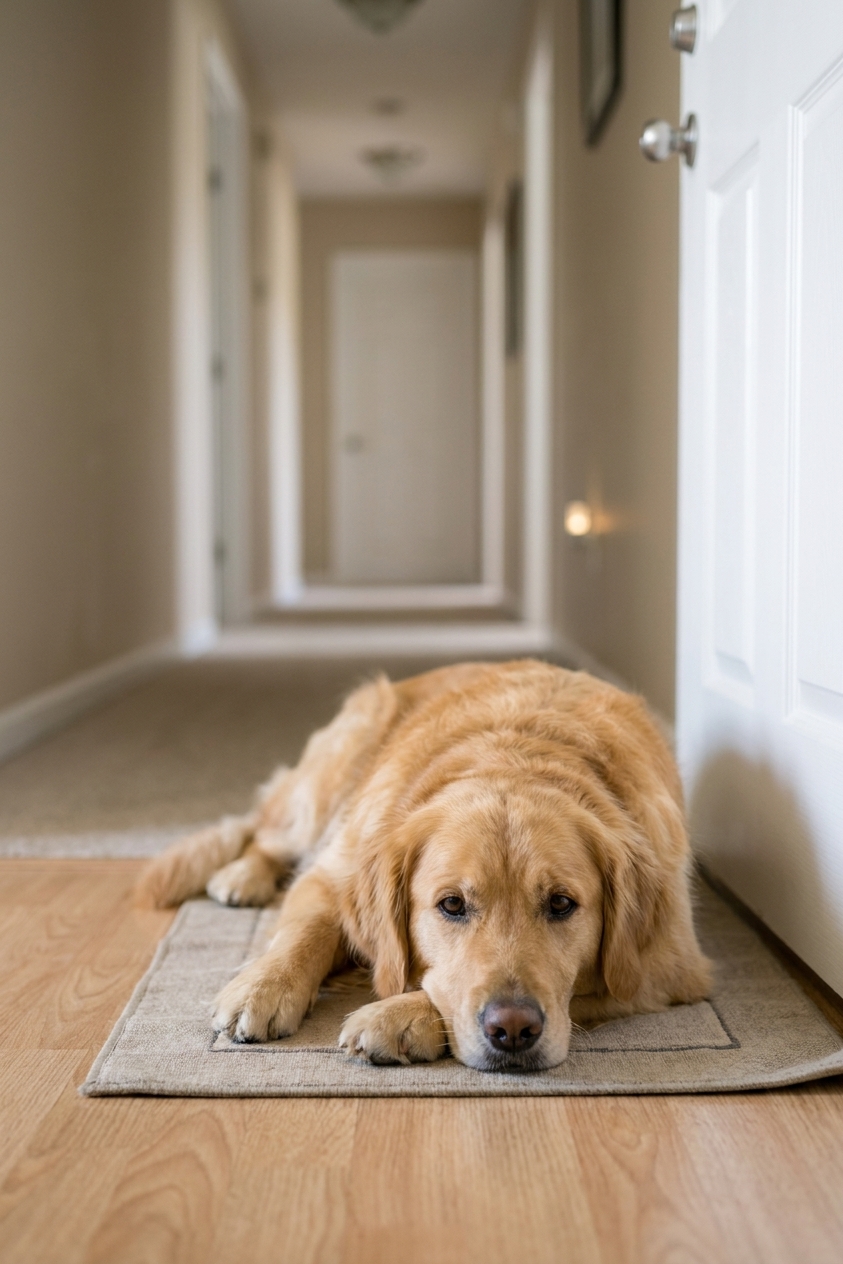 A calm dog lying on a training mat near an apartment front door while the hallway is out of focus, real photography style