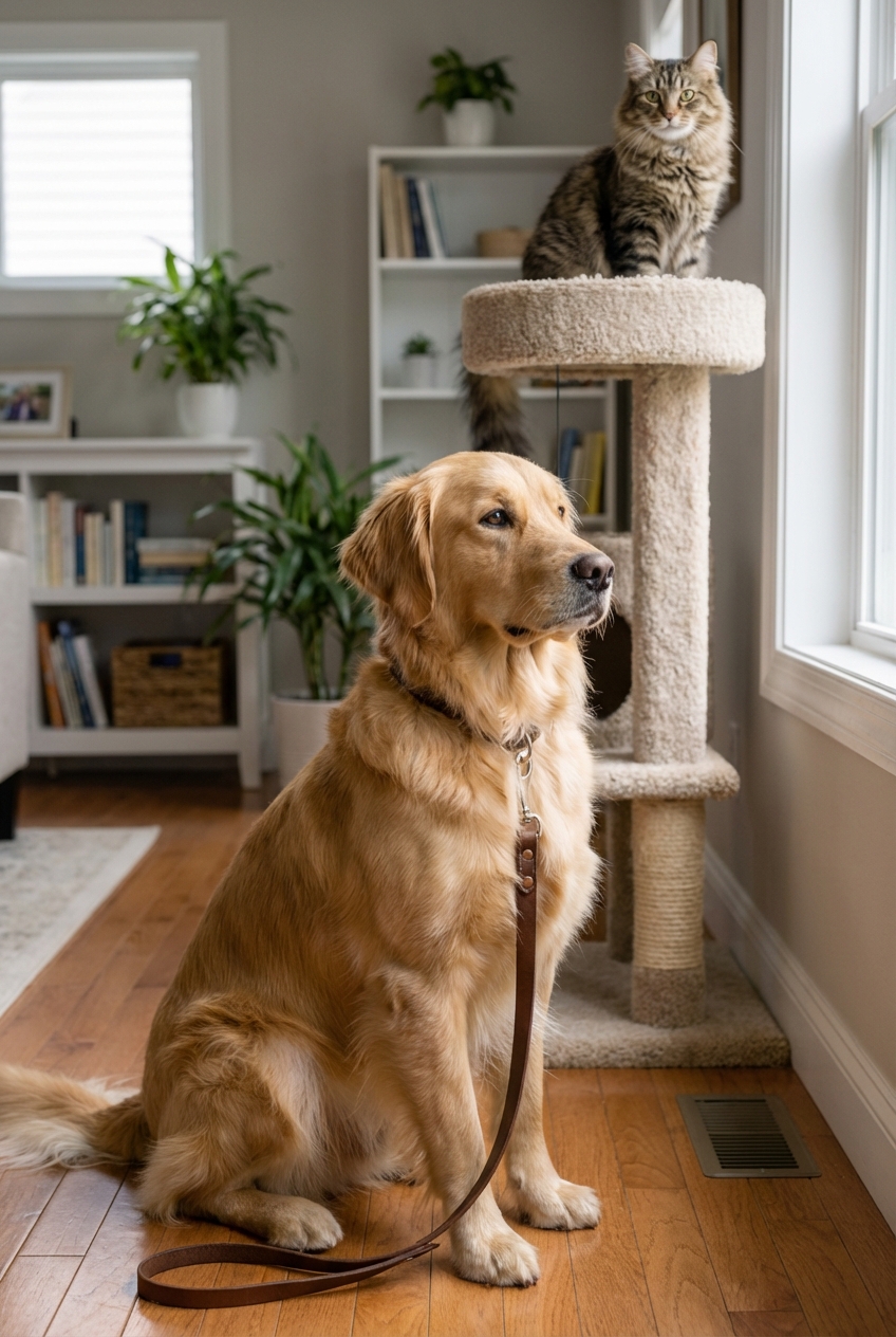 A calm dog on a leash looking away while a cat sits on a cat tree in the background