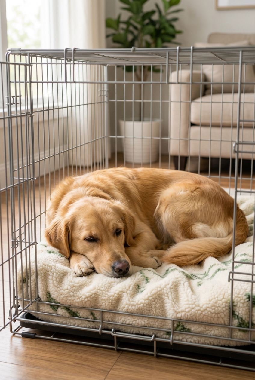 A calm dog resting in a crate with a soft blanket