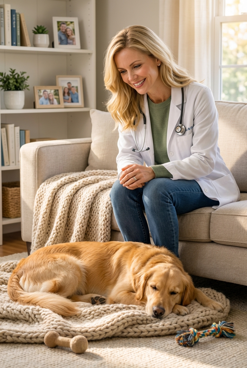A calm dog resting on a blanket at home while a family member sits nearby