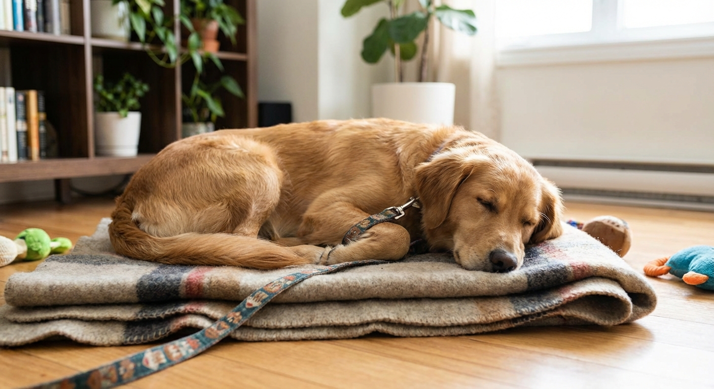 A calm dog resting on a blanket at home while wearing a leash for controlled activity