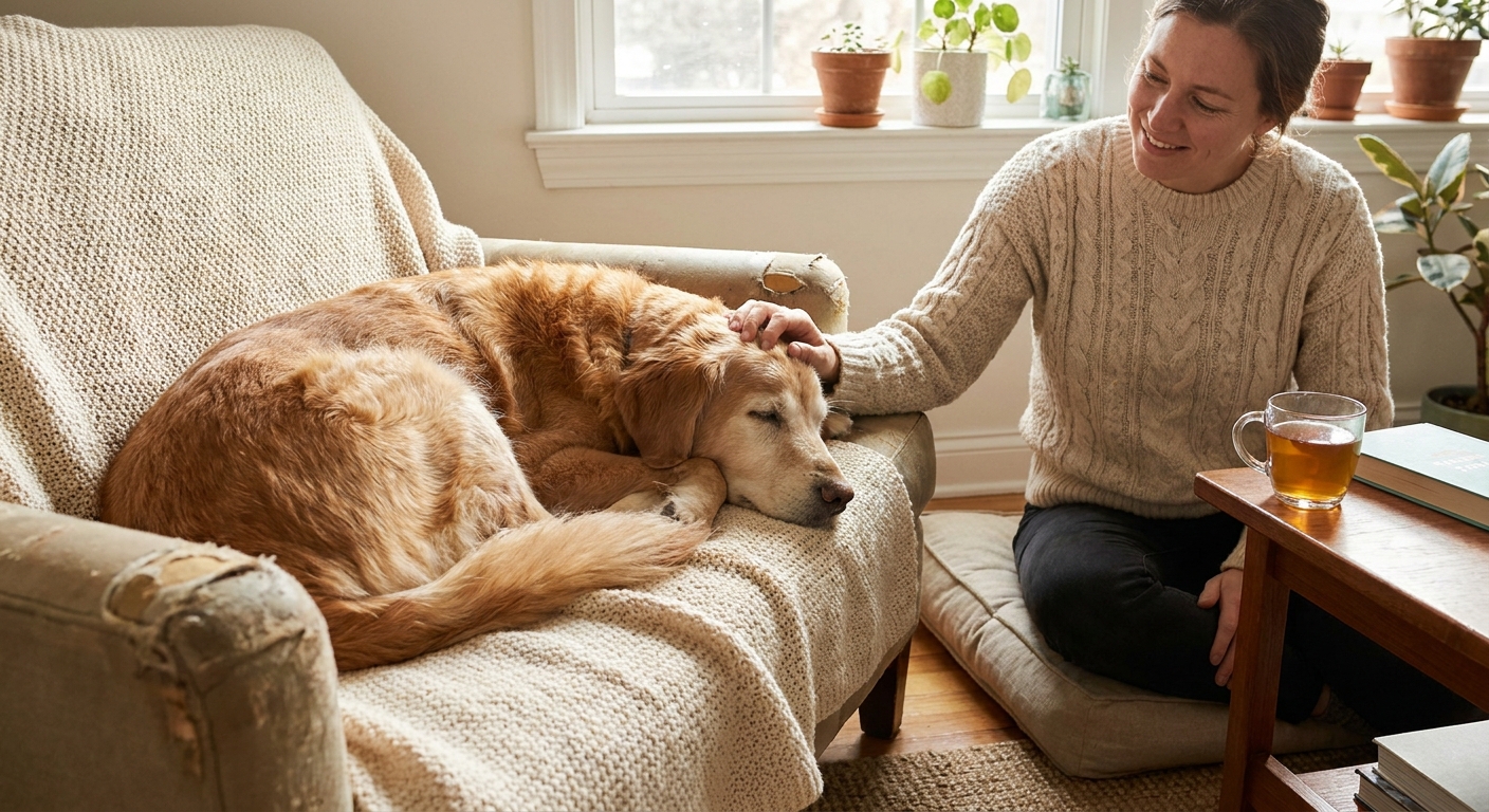 A calm dog resting on a blanket while an owner sits nearby offering quiet comfort in a home setting
