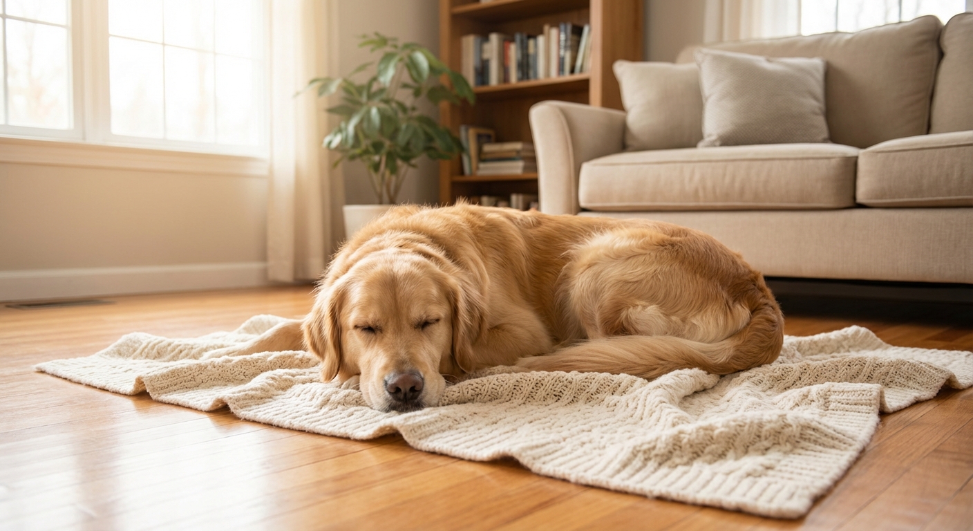 A calm dog resting on a clean blanket in a quiet living room with soft natural light