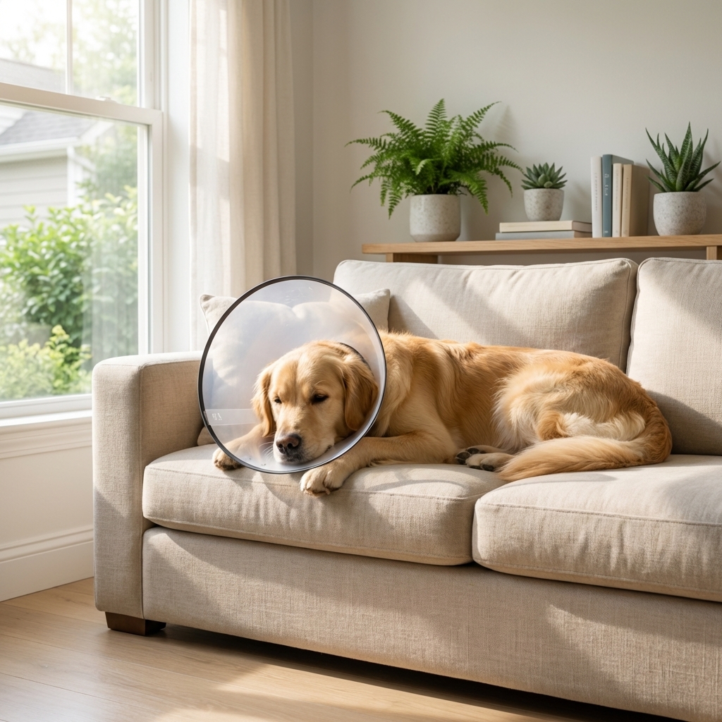 A calm dog resting on a couch while wearing a protective e-collar, soft natural light from a window