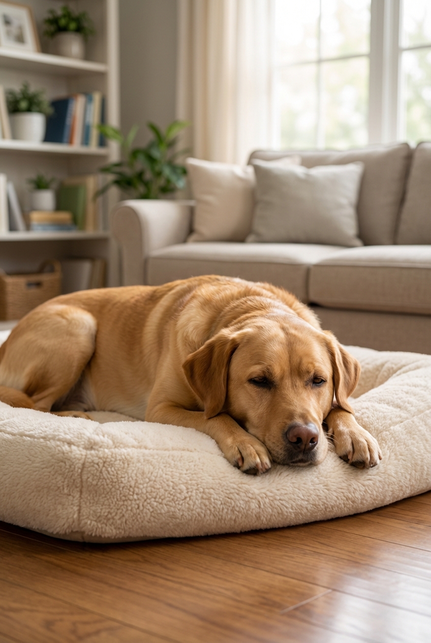 A calm dog resting on a soft bed in a quiet living room
