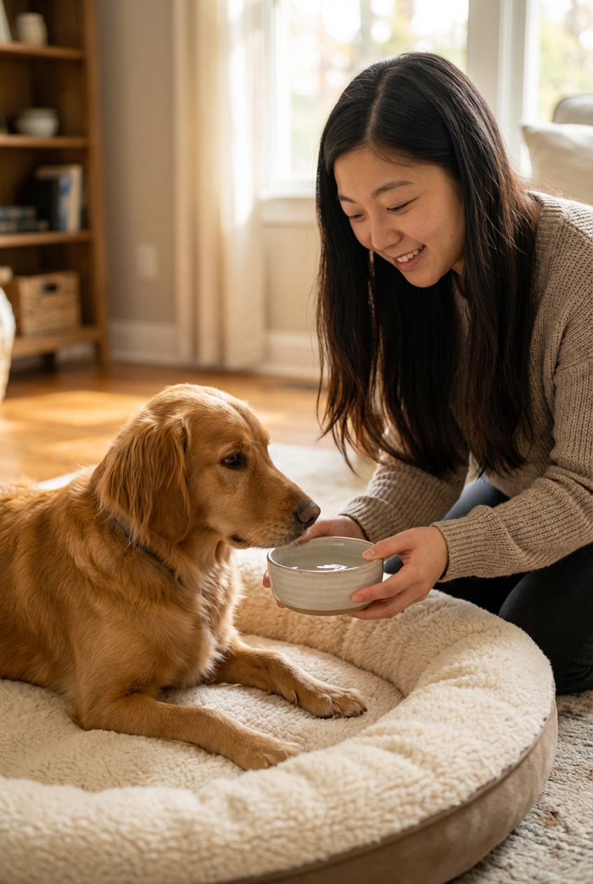 A calm dog resting on a soft bed while an owner gently offers a small bowl of water