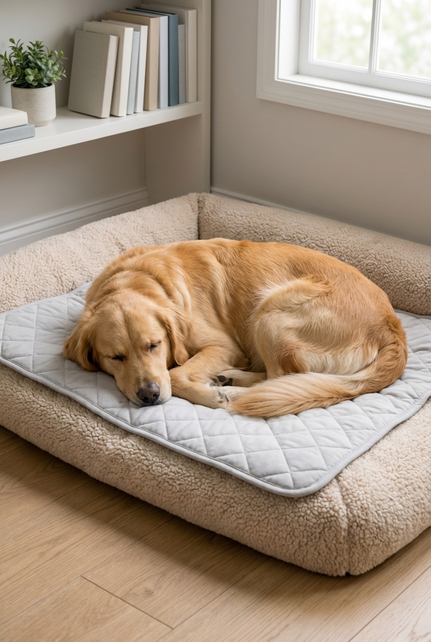 A calm dog resting on a washable pad on a soft bed in a tidy, quiet room