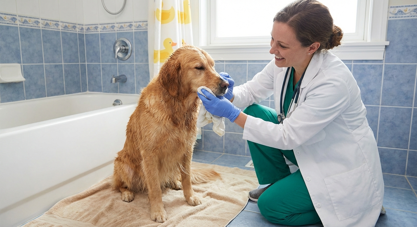 A calm dog sitting on a towel while a person gently wipes the dog’s muzzle with a damp cloth