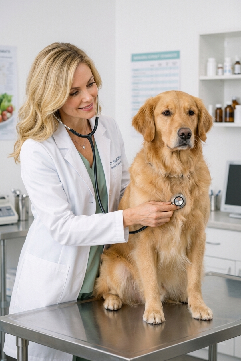 A calm dog sitting on an exam table while a veterinarian listens with a stethoscope