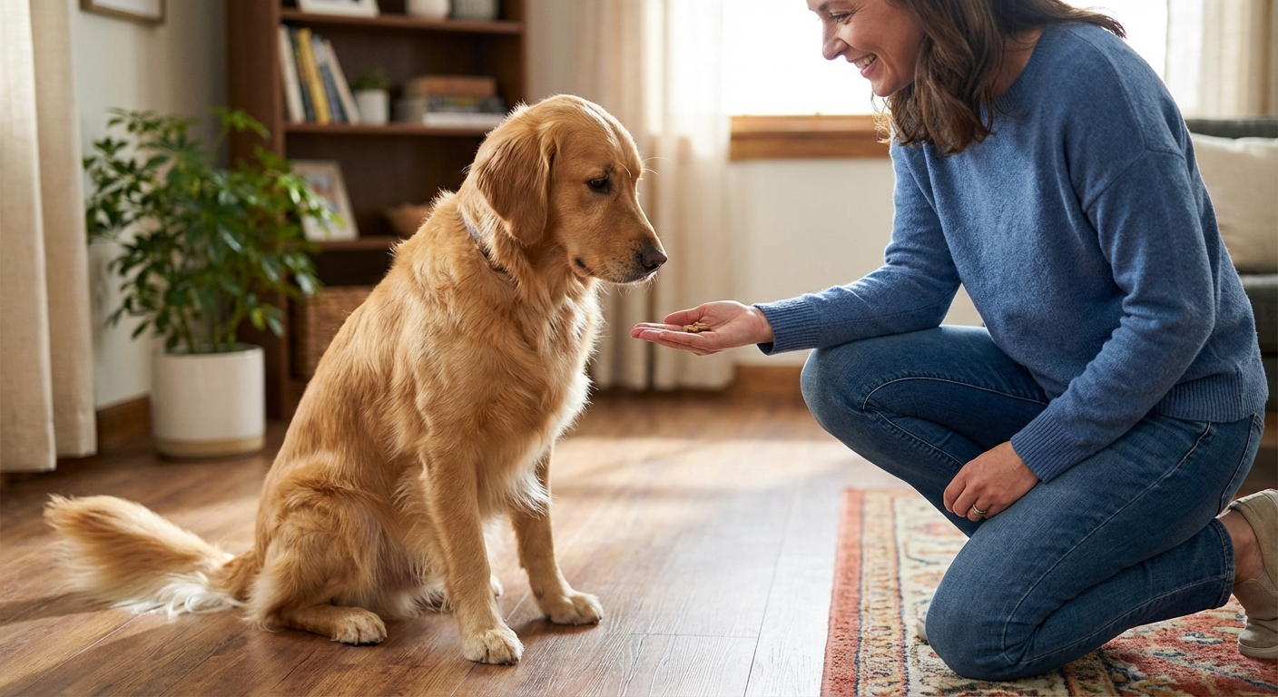 A calm dog sitting politely while a visitor reaches down to offer a treat at knee level