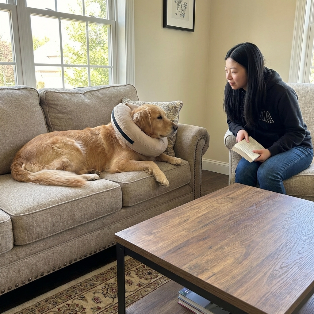 A calm dog wearing a comfortable recovery collar resting on a couch while an owner sits nearby