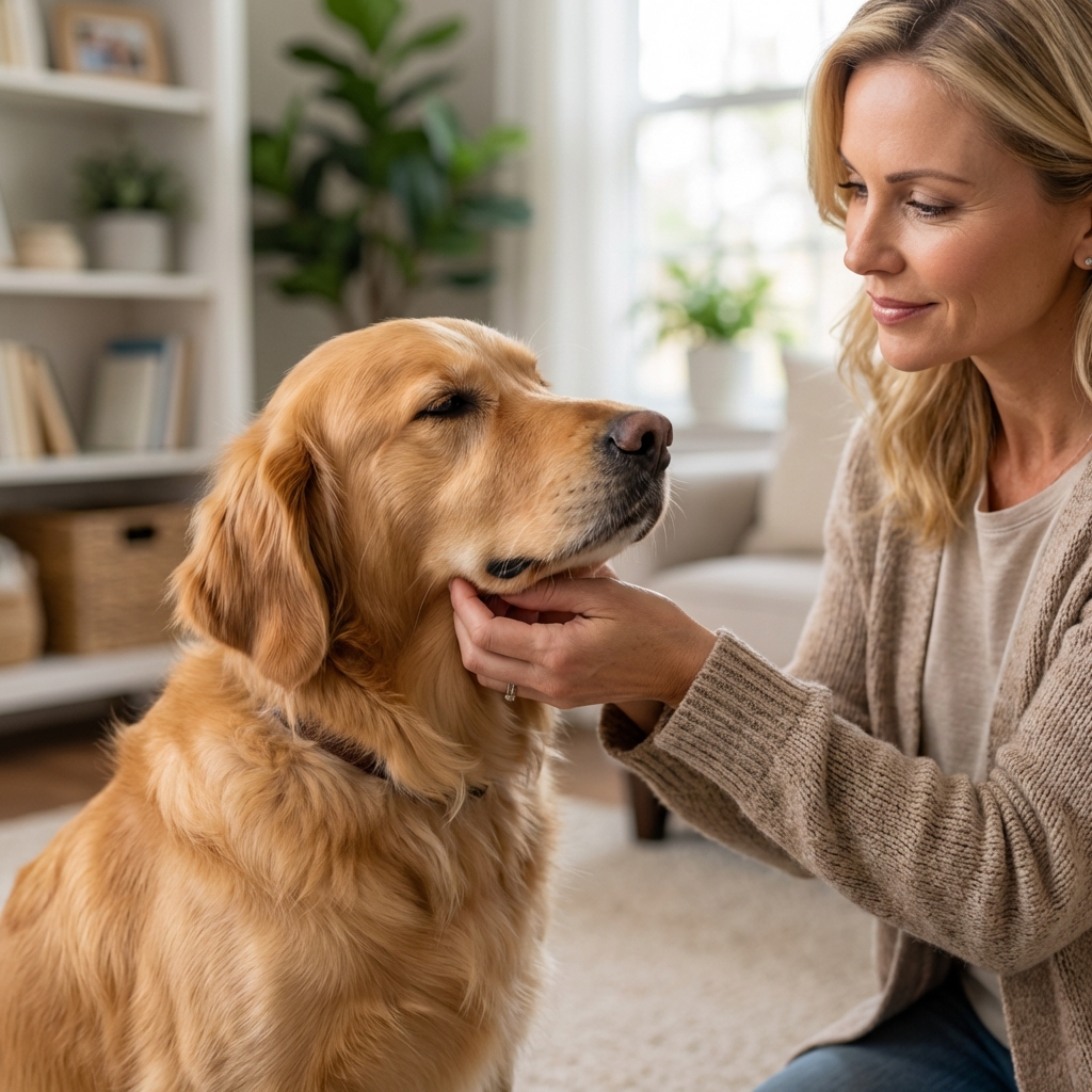 A calm dog with a caregiver gently feeling under the jawline at home