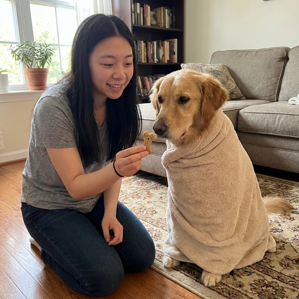 A calm dog wrapped in a towel sitting next to a person offering a small treat indoors