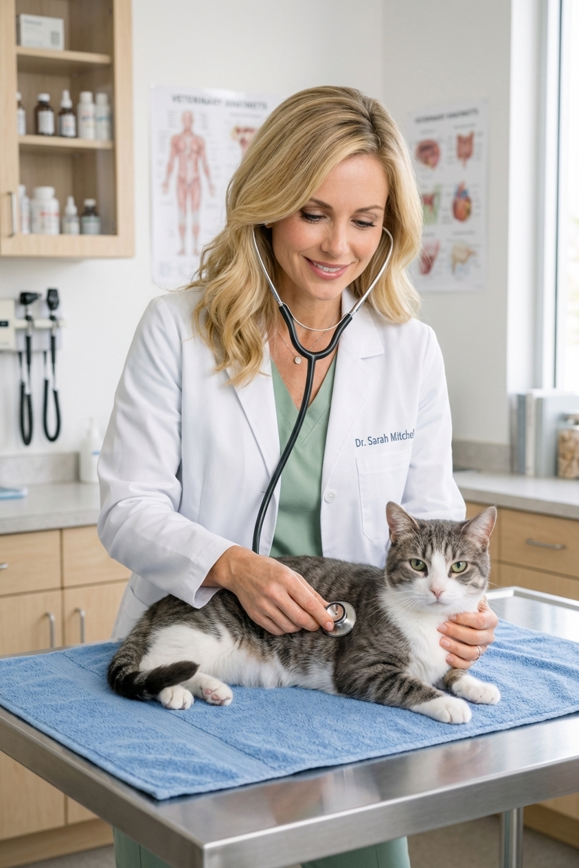 A calm domestic shorthair cat lying on an exam table while a veterinarian listens to the chest with a stethoscope in a bright clinic room