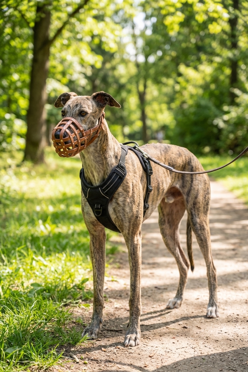 A calm greyhound wearing a basket muzzle and a harness standing on a grassy park path during a leashed walk, realistic photography